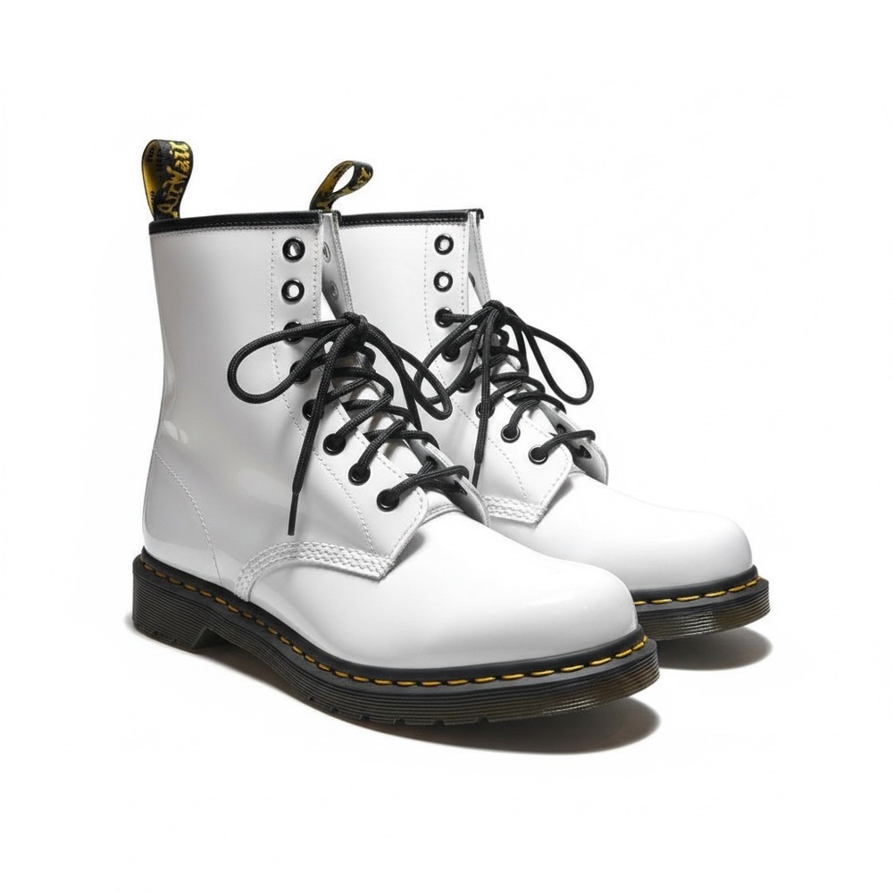 Dr. Martens White Lace-Up Leather Combat Boots with Black Trim